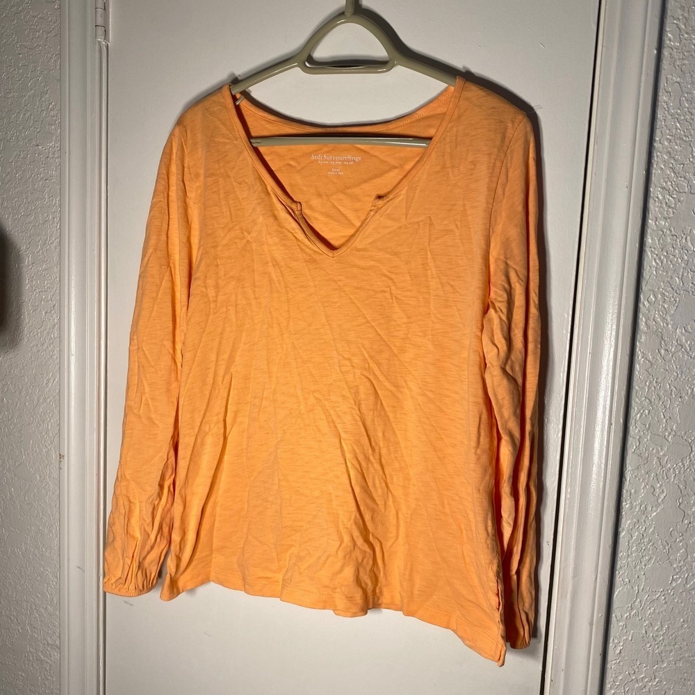 Soft Surroundings Orange Sherbet Cotton Notch Neck Long Sleeve Top Small
